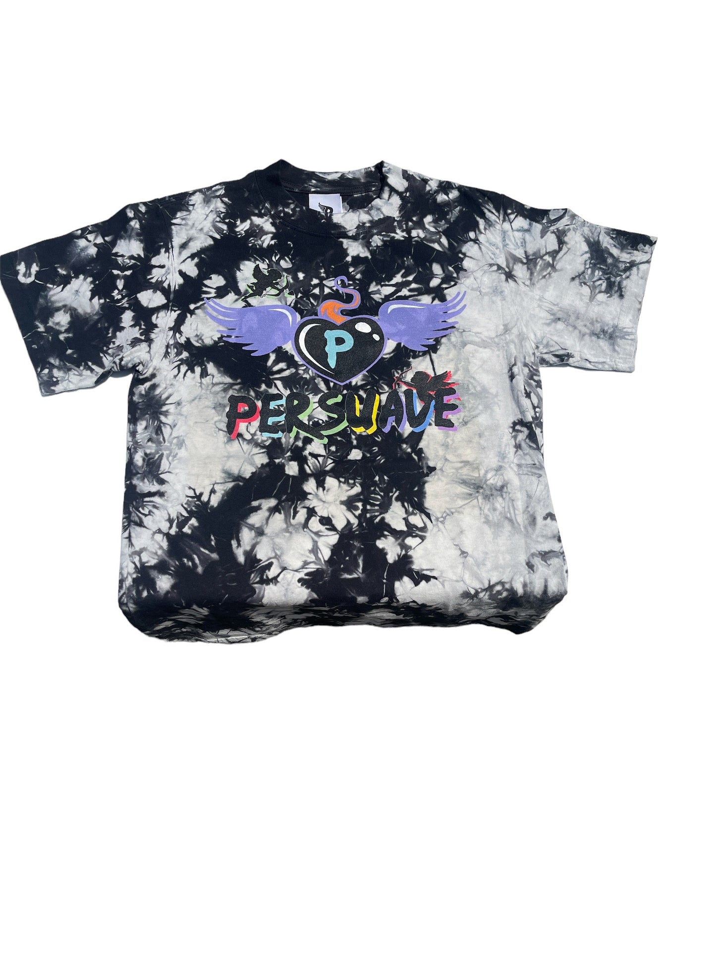 MULTI COLOR CUPID HEART TIE DYE T SHIRT BLACK